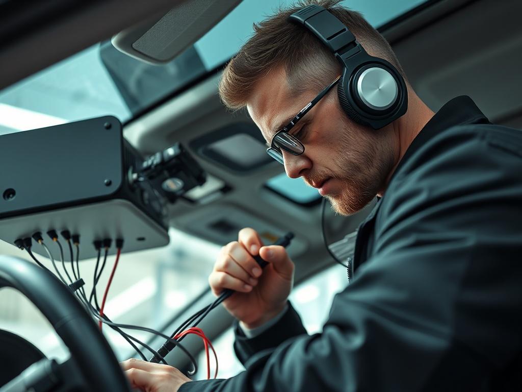 A high-resolution image of a professional technician installing a car audio system in a vehicle. The technician should be focused on connecting wires and adjusting equipment. The background should be a clear view of the car interior, showcasing the audio equipment being installed. The lighting should be bright, highlighting the details of the audio system and the technician’s expertise.