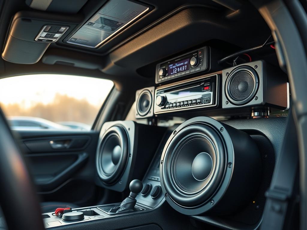 A hyper-realistic image of a car interior showcasing a new audio system installation, featuring a high-quality radio, subwoofers, and speakers. The focus is on the audio equipment with a blurred background of the car interior, shot with a 45mm f/1.2 lens style to emphasize the details of the audio setup. The primary color theme should align with rgb(245, 77, 77).