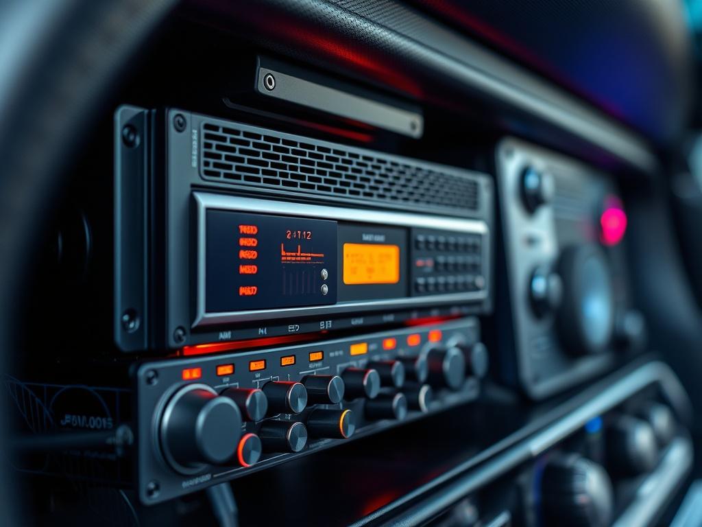 A close-up, hyper-realistic image of a high-end car audio amplifier and equalizer installed in a vehicle, showcasing the intricate details of the equipment. The background should be softly blurred to keep the focus on the audio gear, captured with a 45mm f/1.2 lens style. The image should reflect the vibrant rgb(245, 77, 77) color palette.