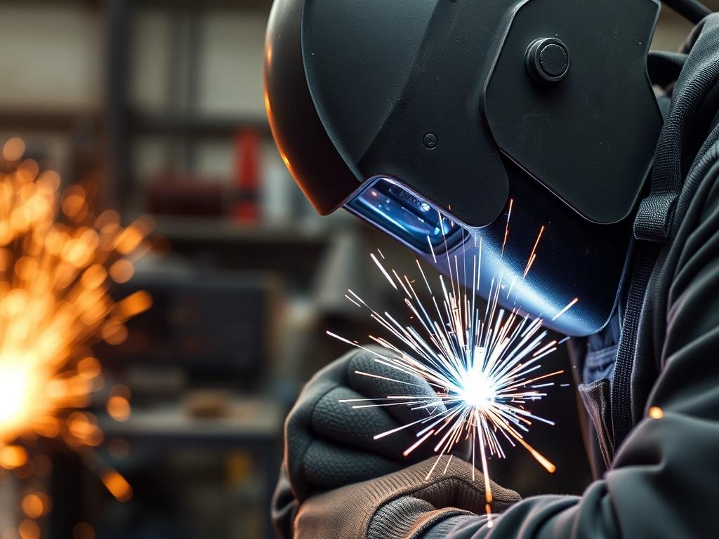 A hyper-realistic close-up shot of a skilled welder performing aluminum welding, focusing on the bright sparks and the precision of the weld. The background features a blurred industrial workshop setting, highlighting the tools and equipment used in the welding process. The image captures the intensity and skill involved in the craft, shot with a 45mm f/1.2 lens.
