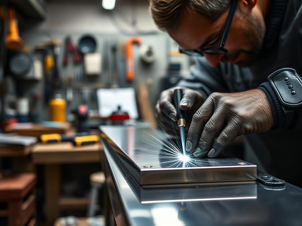 A hyper-realistic close-up shot of stainless steel custom fabrication, showcasing a craftsman carefully working on a stainless steel piece. The background is a blurred workshop filled with tools and materials, emphasizing the detail and precision in the fabrication process. The image captures the shiny surface of the metal, reflecting the workshop ambiance, shot with a 45mm f/1.2 lens.