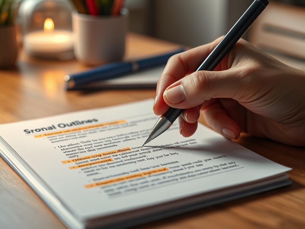 A close-up shot of a writer's hand holding a pen over a neatly organized outline on a notepad, with highlighted sentences. The background is softly blurred to keep the focus on the outlining process, showcasing a clean workspace with a warm, inviting ambiance. The color scheme aligns with rgb(228, 85, 37), creating a vibrant yet professional feel.