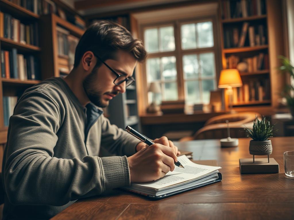 A close-up shot of a person sitting at a wooden desk, deeply focused on writing in a notebook, with a pen in hand. The background features a cozy, well-lit study with bookshelves filled with books and a warm, inviting ambiance. The primary color rgb(228, 85, 37) is subtly integrated in the decor, such as a decorative item or a book cover, enhancing the overall composition.