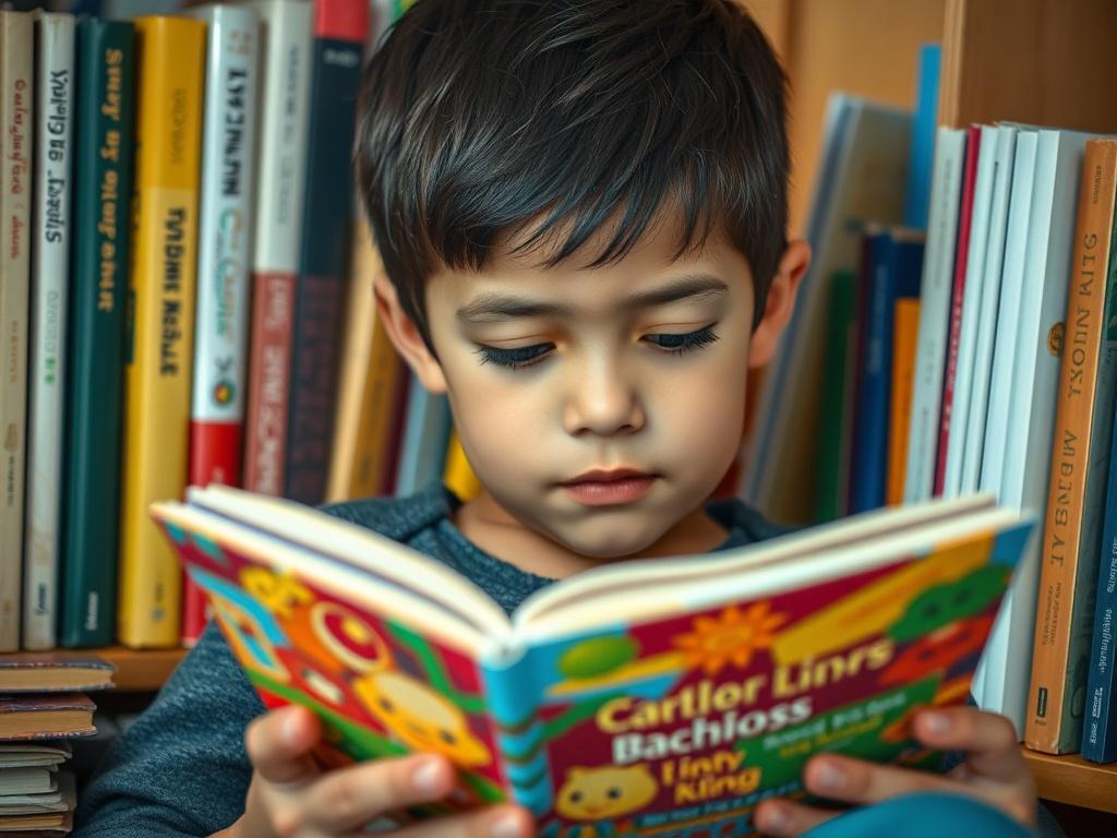 A close-up shot of a young student reading a colorful book in a cozy reading nook, surrounded by educational materials and soft lighting. The student has a focused expression, demonstrating engagement with the text. The background features a bookshelf filled with various books, creating a warm and inviting learning environment. The image is rendered in hyper-realistic style, shot with a 45mm f/1.2 lens, emphasizing the student's concentration and the vibrant colors of the book.