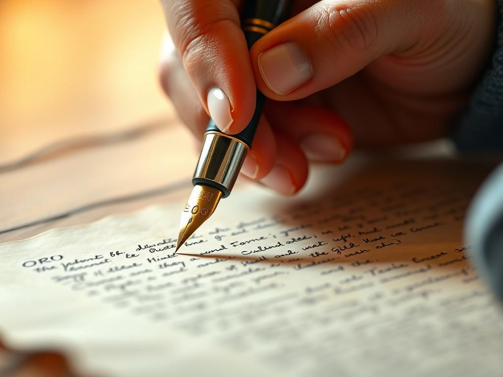 A close-up shot of a hand writing with a fountain pen on a beautifully textured piece of parchment. The background should be softly blurred to emphasize the writing process, with warm, inviting colors that evoke creativity. The lighting highlights the glint of the pen and the intricate details of the parchment, creating an atmosphere of inspiration.