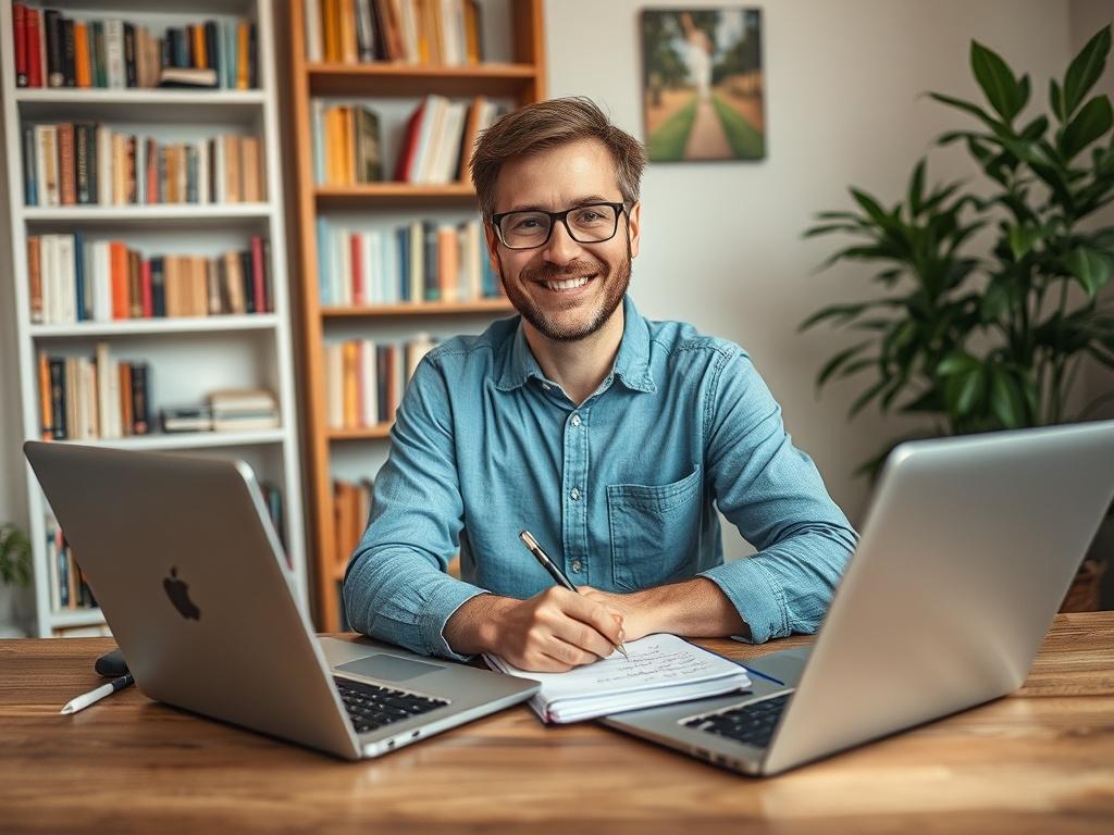 A close-up shot of a friendly writing instructor sitting at a desk, with a laptop open and a notepad filled with handwritten notes. The instructor is smiling and looking directly at the camera, symbolizing approachability and expertise. The background features a cozy, well-lit workspace with bookshelves filled with writing books and a plant in the corner, creating an inviting atmosphere for potential students.