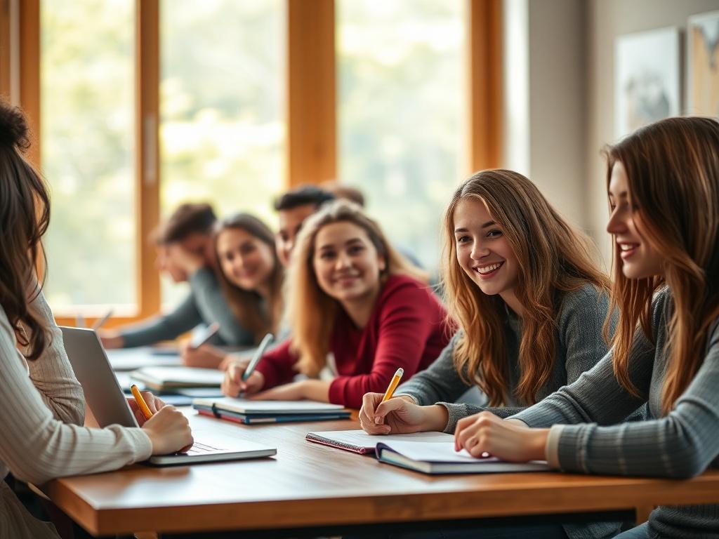 A close-up shot of a diverse group of enthusiastic students engaged in a writing class, sitting at a wooden table with notebooks and laptops, vibrant natural light streaming through a window, creating an inviting and inspiring atmosphere. The background should be softly blurred, ensuring the focus remains on the students, showcasing their passion and creativity.