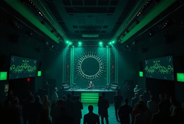 Modern underground club with dark forest green and charcoal atmosphere