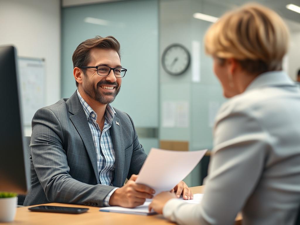 A close up shot of a friendly insurance advisor sitting