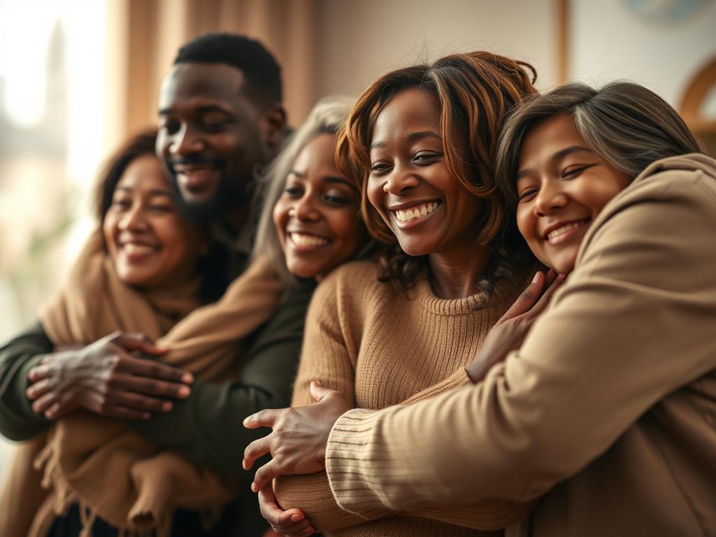 A close up shot of a serene family gathering, showing