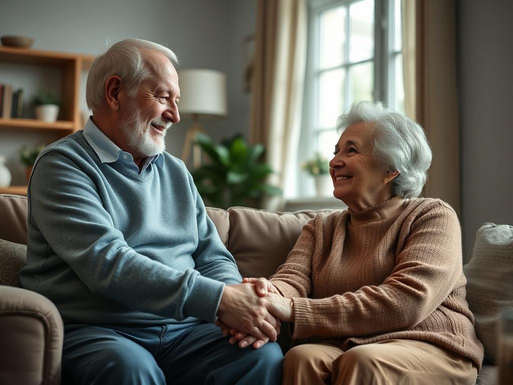 A close up shot of a serene elderly couple sitting