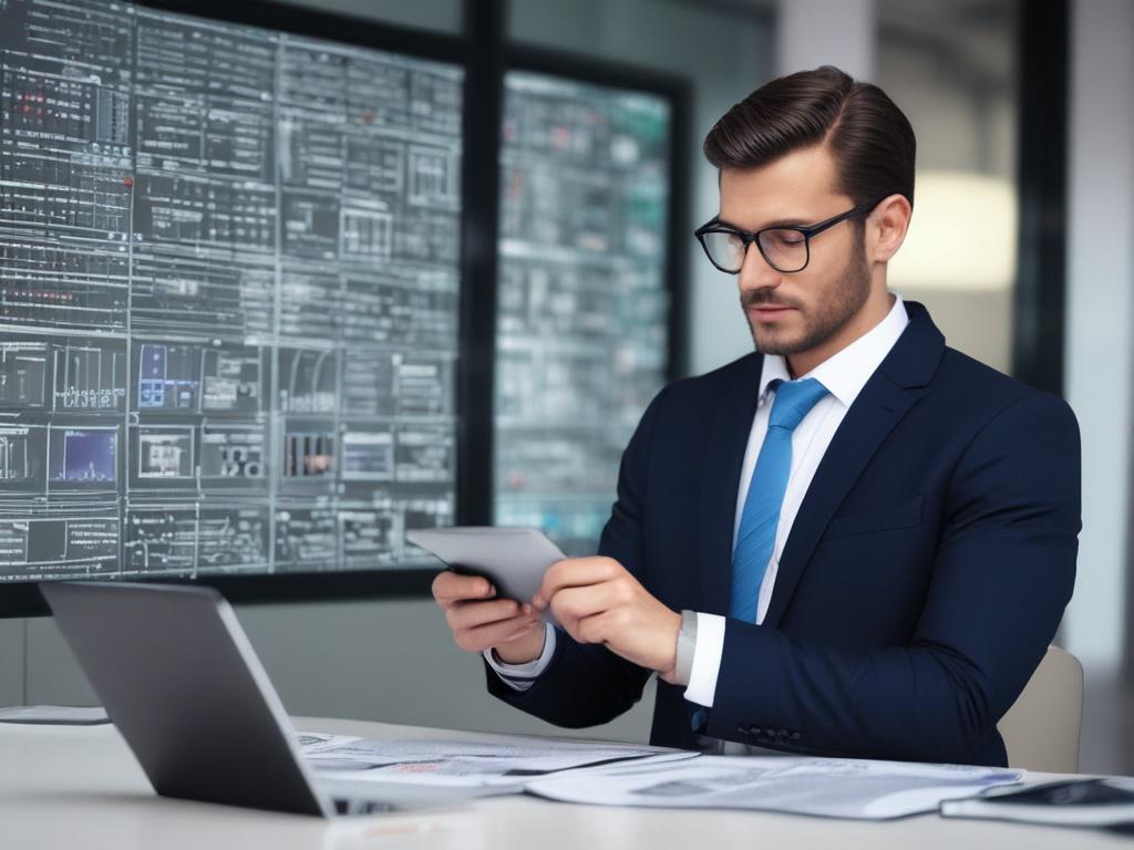 a hyper-realistic close-up of a business consultant presenting a digital strategy on a tablet, with a modern office backdrop, confident demeanor, rgb(50, 170, 39) accent