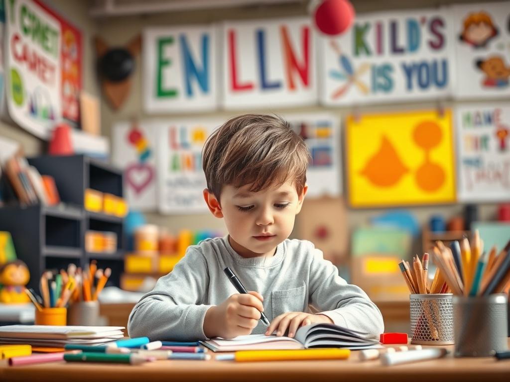 A child brainstorming solutions in a creative workshop setting, surrounded