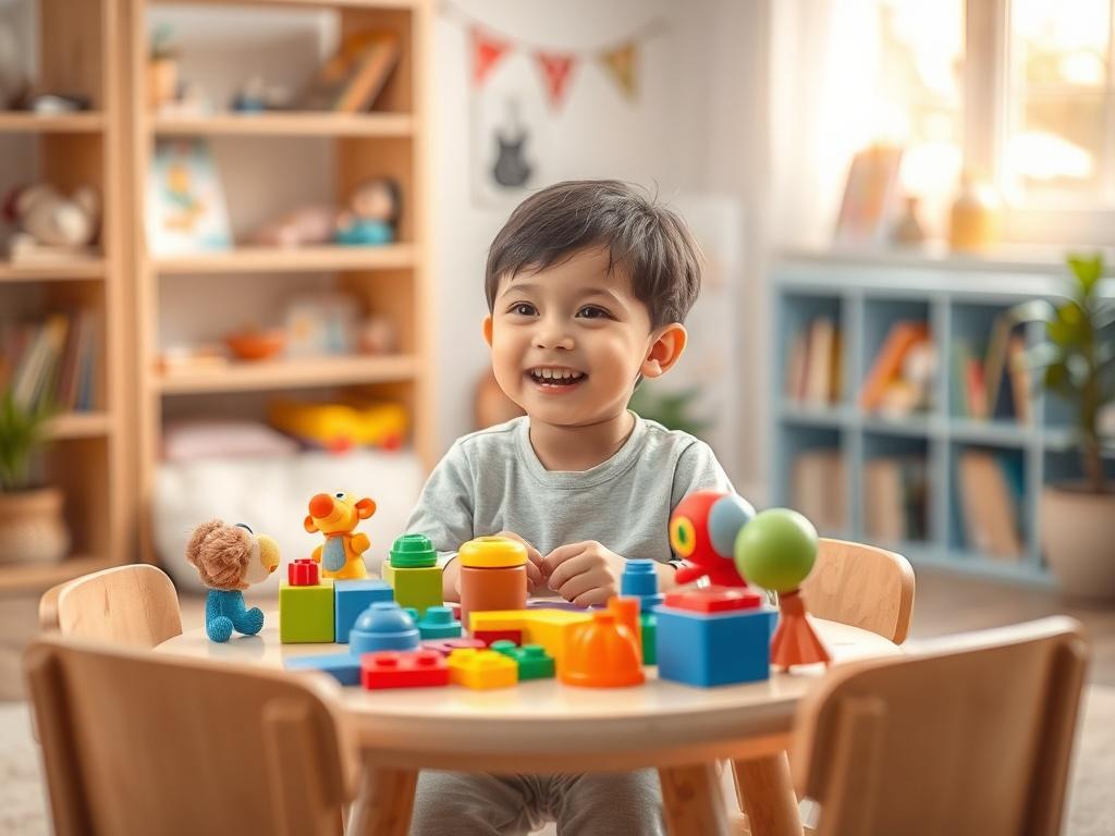 Create a highly detailed, realistic high-resolution photo depicting a young child (approximately 6-8 years old) engaged in a fun communication activity. The child should be sitting at a small table surrounded by colorful educational toys that encourage interaction, such as building blocks or puppets. The child's expression should be animated and joyful, showcasing their engagement in the activity, which demonstrates effective communication skills.

The background should be softly blurred to create a peacefu