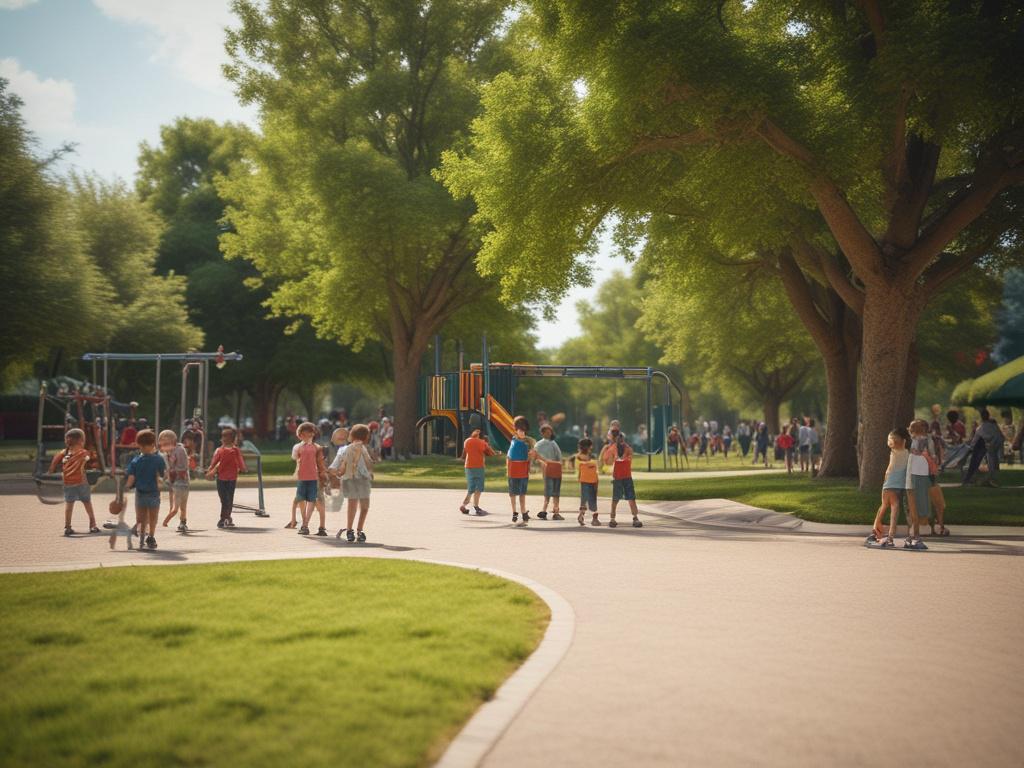 a close up shot of a community park with families,