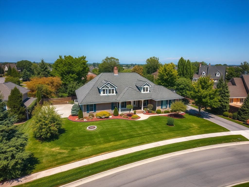 A high resolution aerial shot of a beautiful suburban home,
