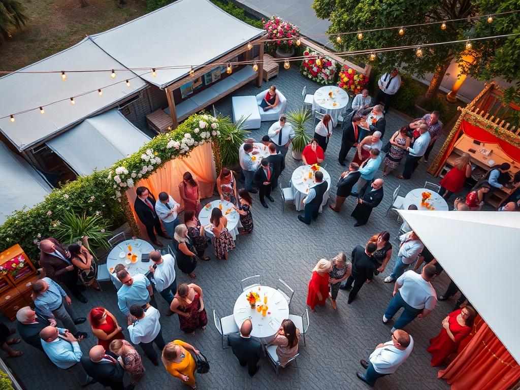 A vibrant aerial shot of a wedding event taking place