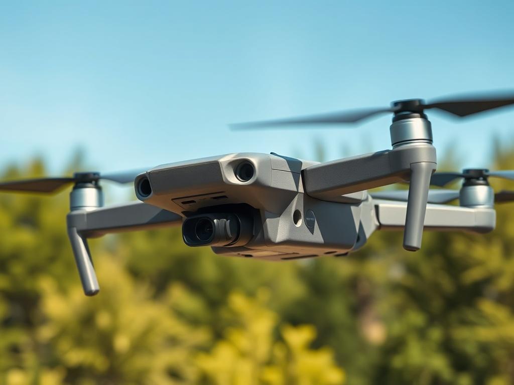A high-resolution close-up shot of a drone in flight, capturing an aerial view of a scenic landscape. The drone should be the focal point, showcasing its design and functionality. The background should include vibrant green trees and a clear blue sky, symbolizing the beauty of aerial photography. The image should have a hyper-realistic style, shot with a 45mm f/1.2 lens to create a depth of field that highlights the drone while softly blurring the background.