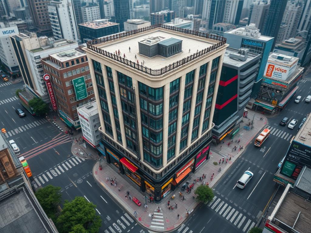An aerial shot of a bustling urban area featuring a commercial building, capturing the dynamic environment around it. The image should highlight the building's architecture and surroundings, emphasizing bustling streets and activity. Use a hyper-realistic style with vibrant colors and natural lighting to create an engaging scene, shot with a 45mm f/1.2 lens.