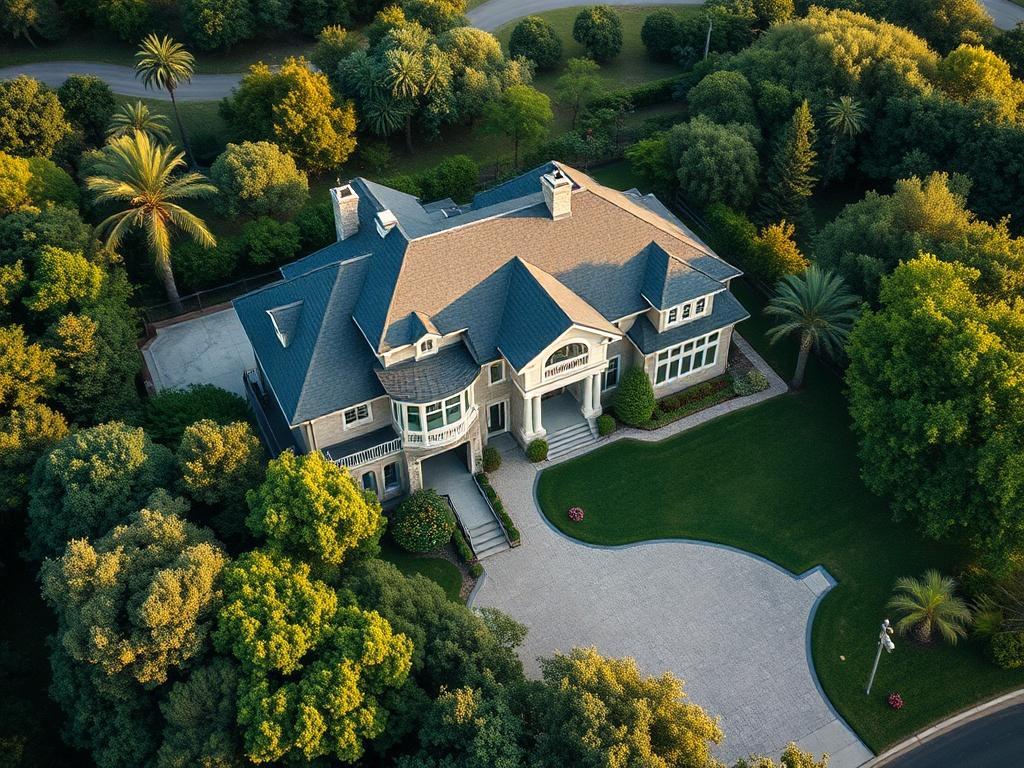 Aerial shot of a beautiful residential property from above, showcasing the house and the surrounding landscape. The image should focus on the architectural details and the vibrant greenery around the property. Use a hyper-realistic style, emphasizing natural lighting and shadows to create depth. The image should be shot with a 45mm f/1.2 lens to highlight the property in sharp detail against a soft-focus background.