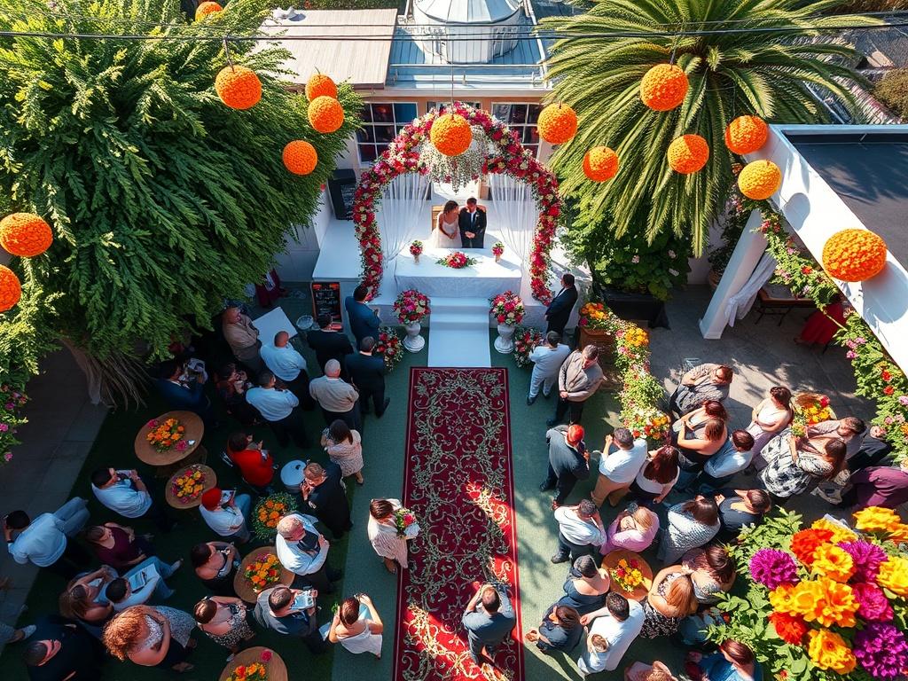A sweeping aerial view of a vibrant outdoor wedding ceremony, showcasing guests, decorations, and the venue. The focus should be on the event's atmosphere, with colorful flowers and decorations visible. The image should be rendered in hyper-realistic style, capturing the joy and excitement of the occasion with perfect lighting and depth of field, shot with a 45mm f/1.2 lens.