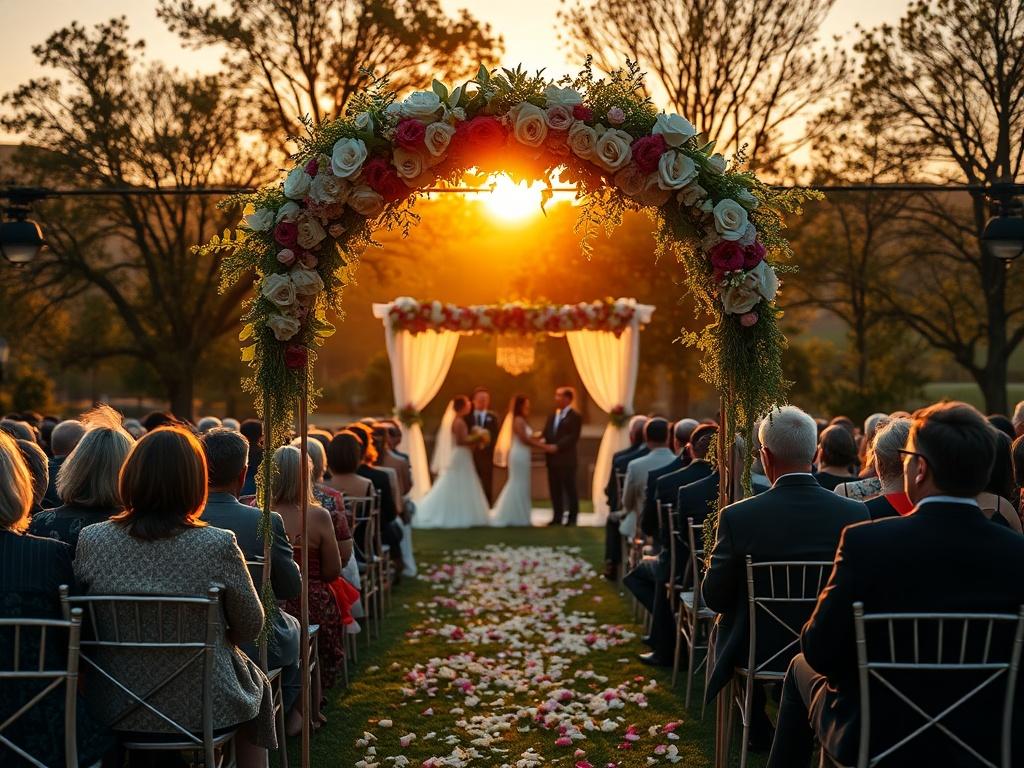 An aerial view of a wedding ceremony outdoors, with guests seated and a beautiful floral arch in the foreground. The setting sun casts a golden hue, enhancing the romantic atmosphere of the event.