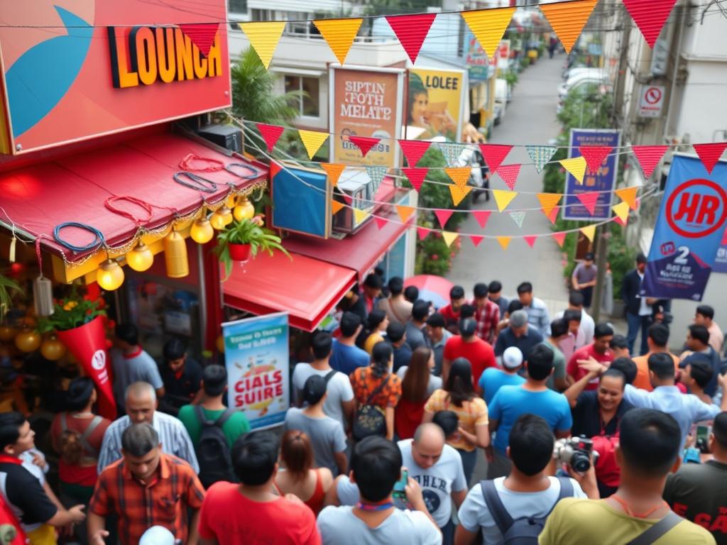 A vibrant aerial shot of a local business launch event, showing a lively crowd, outdoor decorations, and promotional banners. The scene is energetic and colorful, capturing the excitement of the occasion.