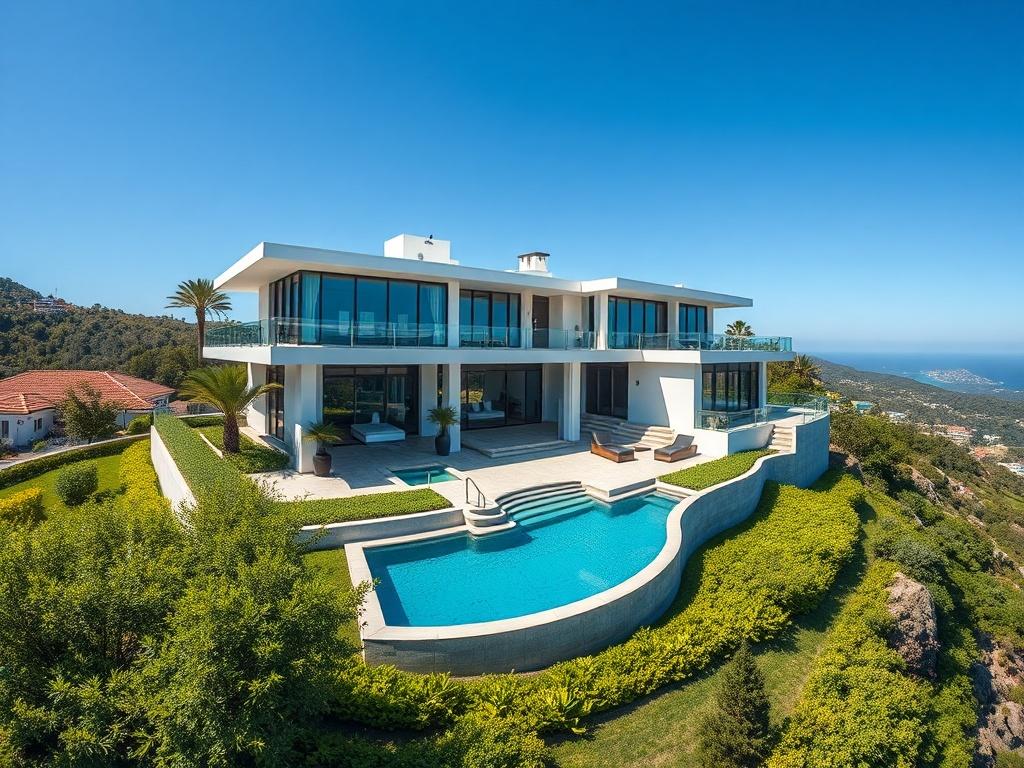 Aerial view of a luxurious modern home with a pool, showcasing its architecture and surrounding greenery. The image captures the vibrant colors of the landscape under a clear blue sky, emphasizing the property's luxury features.