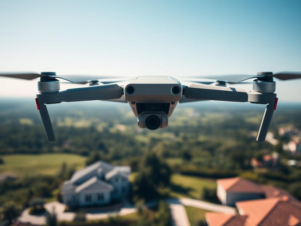A close-up shot of a drone hovering over a beautiful real estate property, showcasing the landscape below, captured with a 45mm f/1.2 lens. The background features a bright blue sky and green surroundings, emphasizing the drone's capabilities in aerial photography.