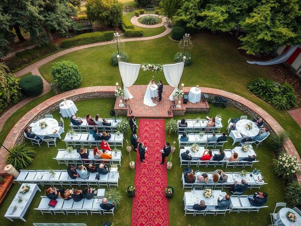 A stunning aerial view of a wedding ceremony set up in a picturesque outdoor venue, captured by a drone. The scene includes guests seated, decorated tables, and greenery, all taken with a 45mm f/1.2 lens to highlight the event's atmosphere.