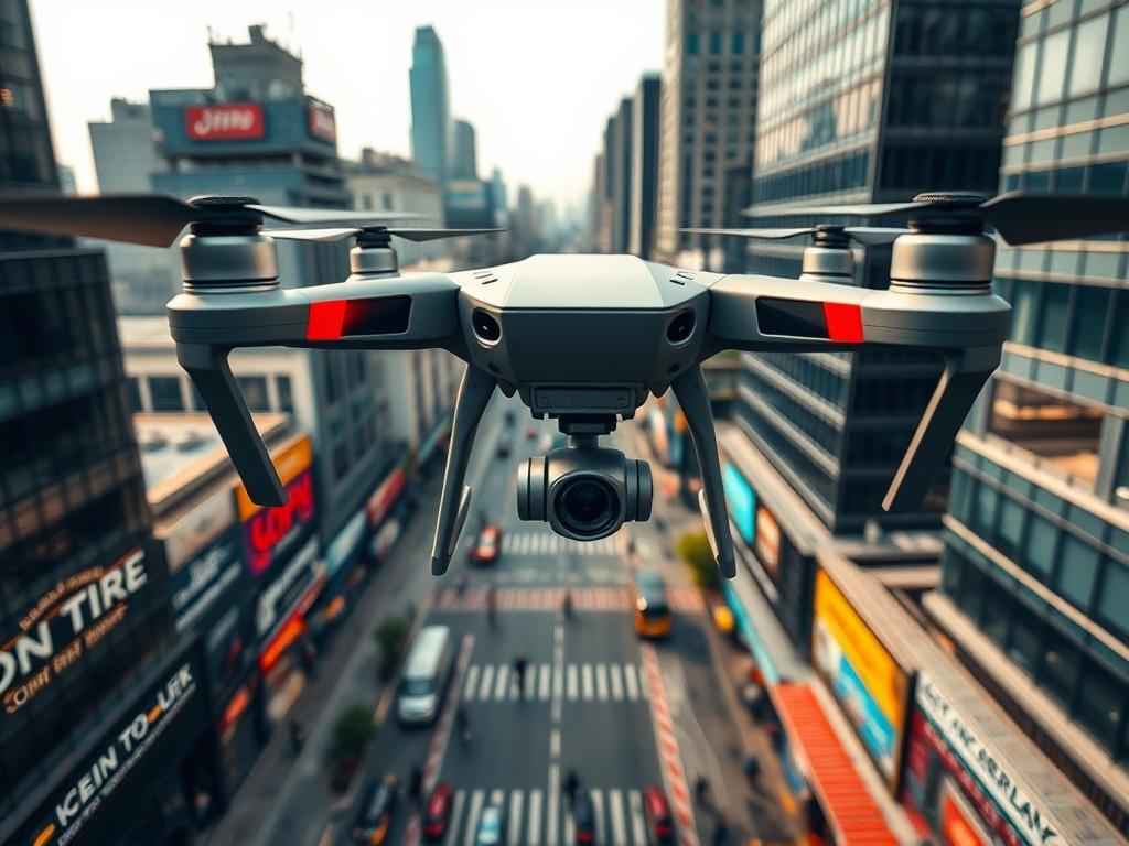 A dynamic shot of a drone capturing a busy cityscape, showcasing commercial buildings and bustling streets below. The image is taken with a 45mm f/1.2 lens, focusing on the vibrancy of the urban setting.