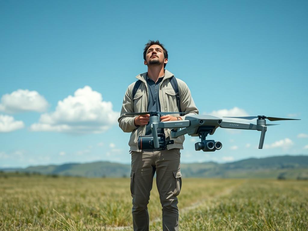 Create a realistic high-resolution image of a filmmaker standing on an open grassy field, holding a professional drone with a camera attached. The filmmaker, wearing a casual outfit that includes a light jacket and comfortable pants, is focused and looking upward, as if preparing to launch the drone. The background should feature a clear blue sky with a few fluffy white clouds and distant hills, providing a serene and inspiring landscape that suggests the possibilities of aerial filming. The composition sho