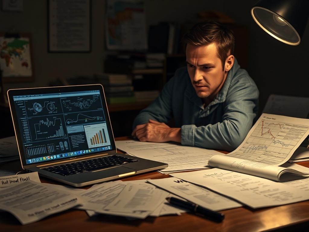 A realistic, high-contrast photographic-style image of a professional innovator or founder working late at a desk. The environment feels real and lived-in, featuring scattered documents, handwritten notes, printed patent diagrams, and competitive analysis charts. A laptop displays complex data on the screen. The lighting is moody and directional, suggesting focus and seriousness. The person appears thoughtful and slightly tense, deeply engaged in analysis without smiling or performing. The scene conveys a s