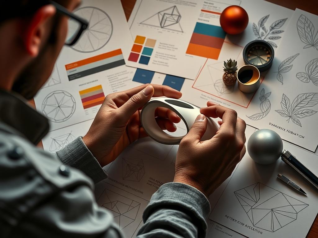 A realistic image showing a designer refining the form of a product, surrounded by geometric sketches, symmetry guides, color palettes, and nature-inspired shapes. The scene emphasizes aesthetics, proportion, angles, and visual harmony, showcasing how form and design choices influence perception.