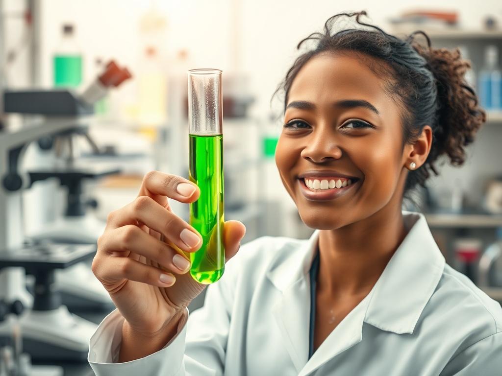 **AI Image Generation Prompt:**

Create a realistic high-resolution photo focused on the theme "The Power of Innovation in Science." The composition should feature a single subject: a diverse scientist in a modern laboratory setting. The scientist should be portrayed in a moment of inspiration, holding a test tube filled with a vibrant-colored liquid that represents creativity and innovation. Their facial expression should convey excitement and determination, symbolizing the drive to advance scientific prog