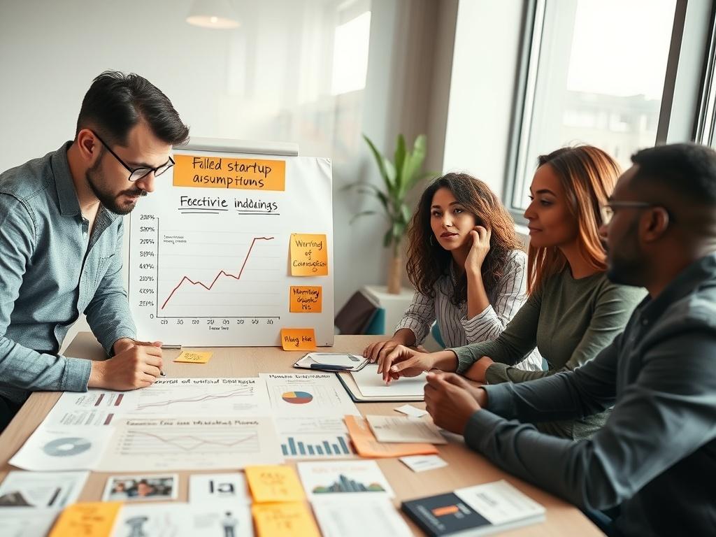 A realistic high-resolution photo of a founder or small team in a modern office setting, analyzing failed startup indicators. The image focuses on a table covered with charts trending downward, warning signs displayed on a whiteboard, and crossed-out assumptions. Notes highlighting common mistakes are scattered around. The team members, diverse in ethnicity and gender, are engaged in serious discussions, with expressions of deep thought and analysis. The lighting is bright and professional, creating an atmo