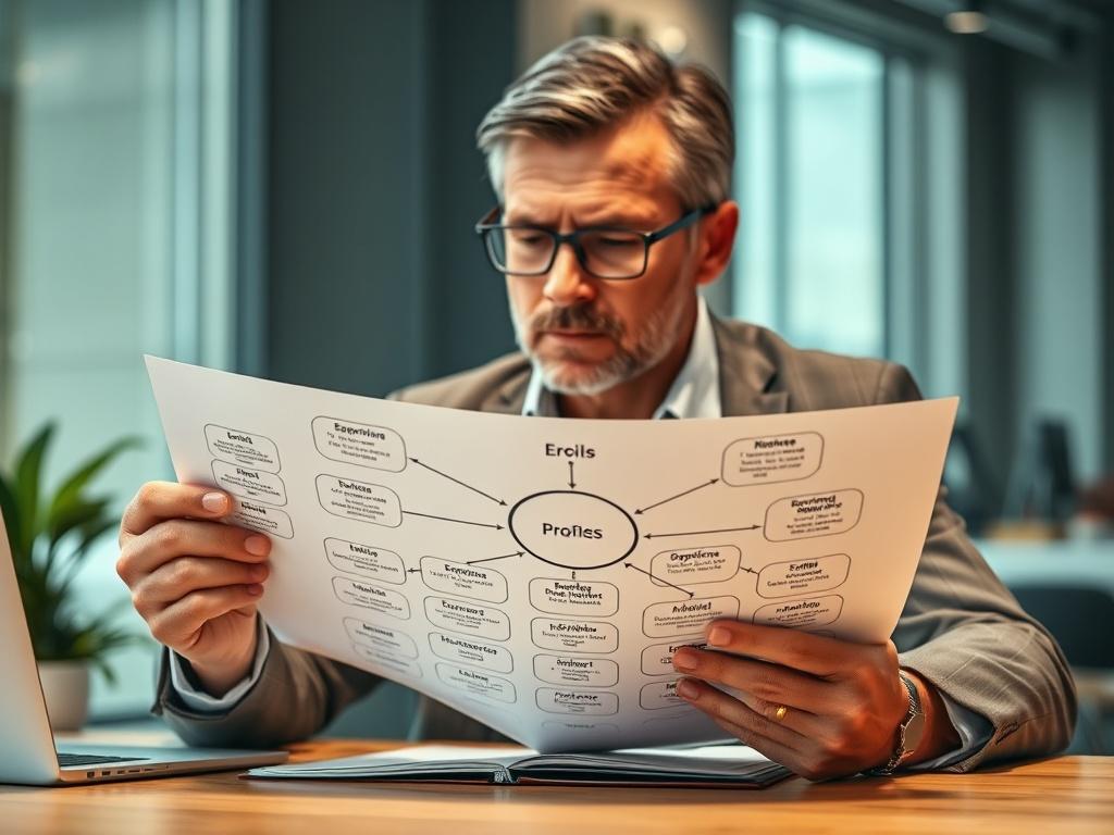 A close-up shot of an entrepreneur seated at a modern desk, intently reviewing a structured framework or profile map. The map features multiple interconnected elements symbolizing skills, behaviors, experience, mindset, and decision-making. The entrepreneur, a middle-aged individual with a thoughtful expression, wears business-casual attire. The background is softly blurred, focusing on the map and the entrepreneur's engagement with it. The color scheme incorporates shades of green and neutral tones to evok