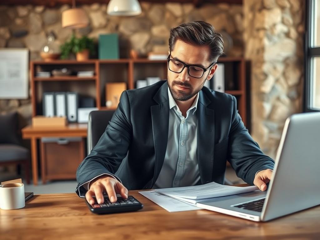 A professional loan broker sitting at a desk, reviewing financial documents with a calculator and a laptop open. The background shows a well-organized office with earthy textures and natural tones, creating a grounded and rustic aesthetic. The broker is focused and engaged, symbolizing trust and expertise in financial solutions.