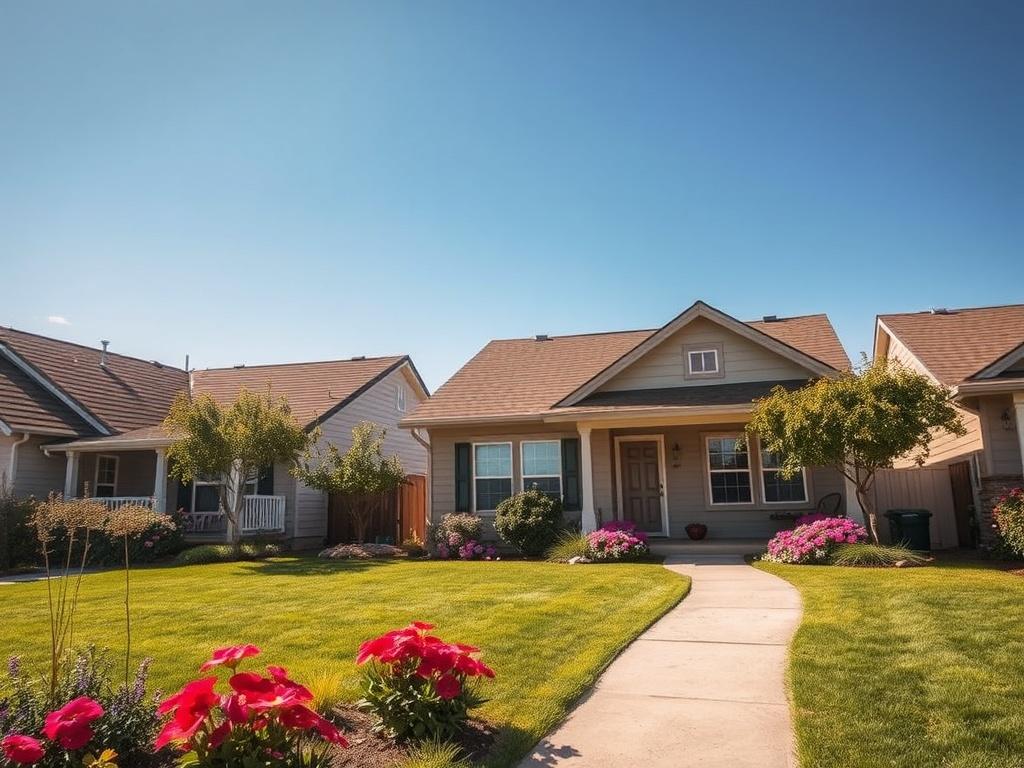 A serene suburban neighborhood showcasing a charming residential home with