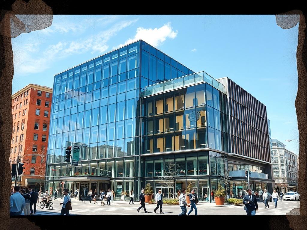 A modern commercial building situated in a bustling urban environment,
