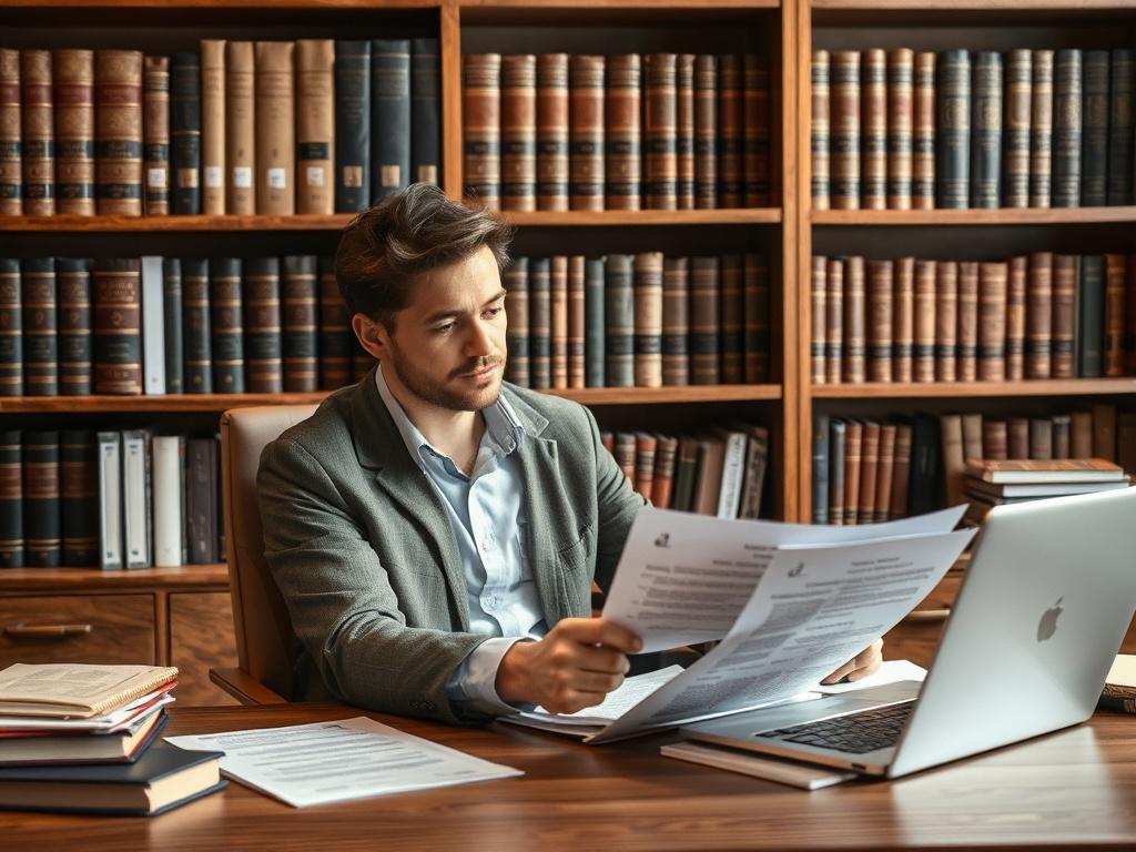 A professional-looking office environment with a person sitting at a desk, reviewing paperwork related to property transactions. The individual appears focused and determined, with documents and a laptop in front of them. The background includes a bookshelf filled with legal books, emphasizing a sense of professionalism and expertise in asset recovery. The color palette should feature natural tones and earthy textures, aligning with a grounded and rustic aesthetic.