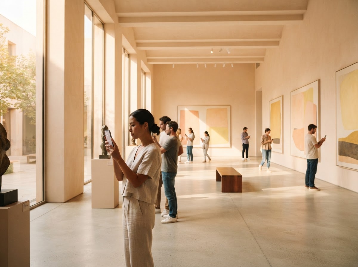 Museum gallery interior with visitors using smartphones