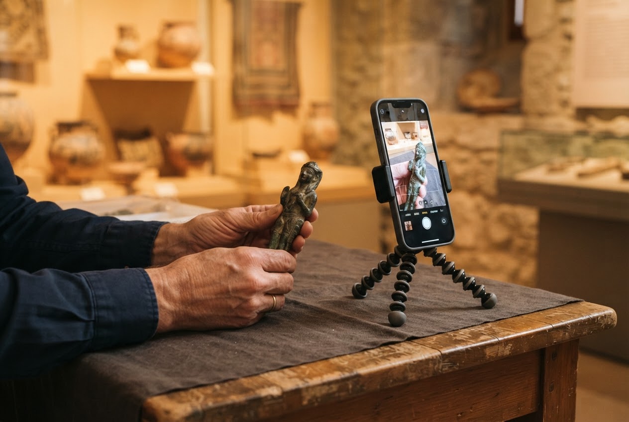 Hands holding an ancient artifact beside a smartphone scanning it for digitization