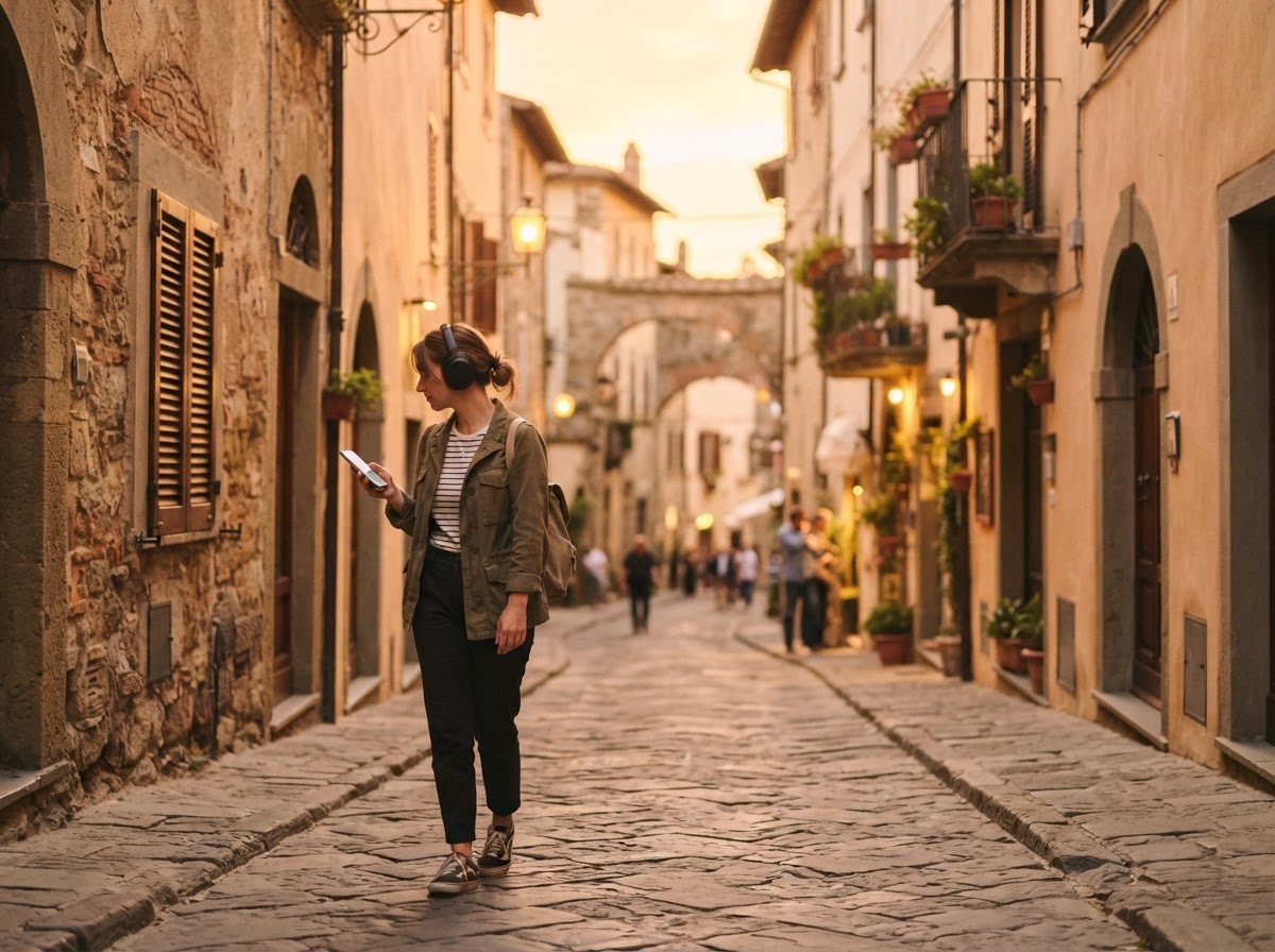 Traveler wearing headphones exploring a historic old town street