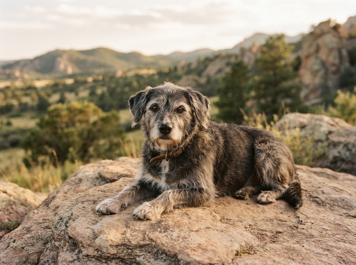 Senior charcoal and cream rescue dog resting on a warm rock