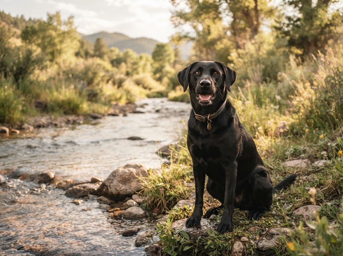 Black Labrador sitting at the edge of a Colorado creek in dappled sunlight