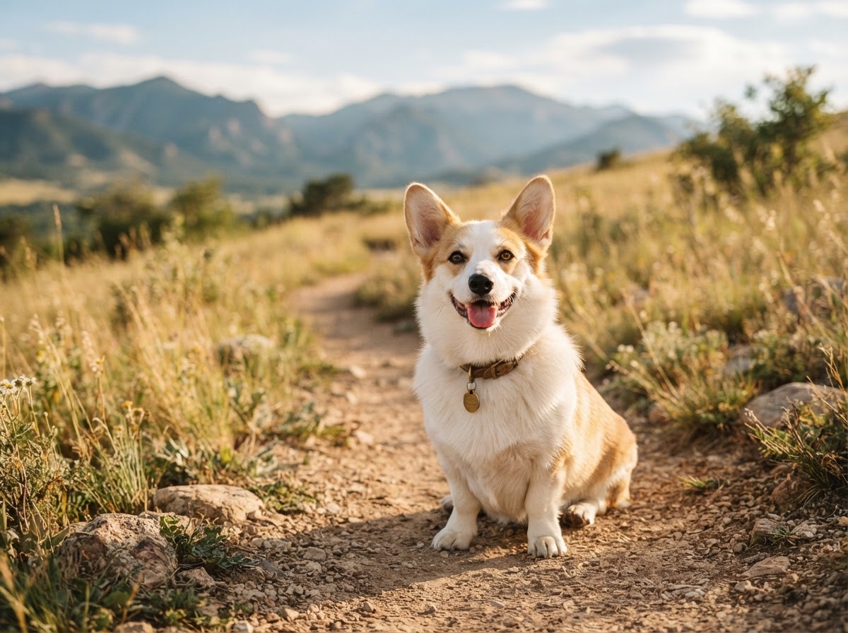 Tan and white corgi sitting on a sunlit foothills trail