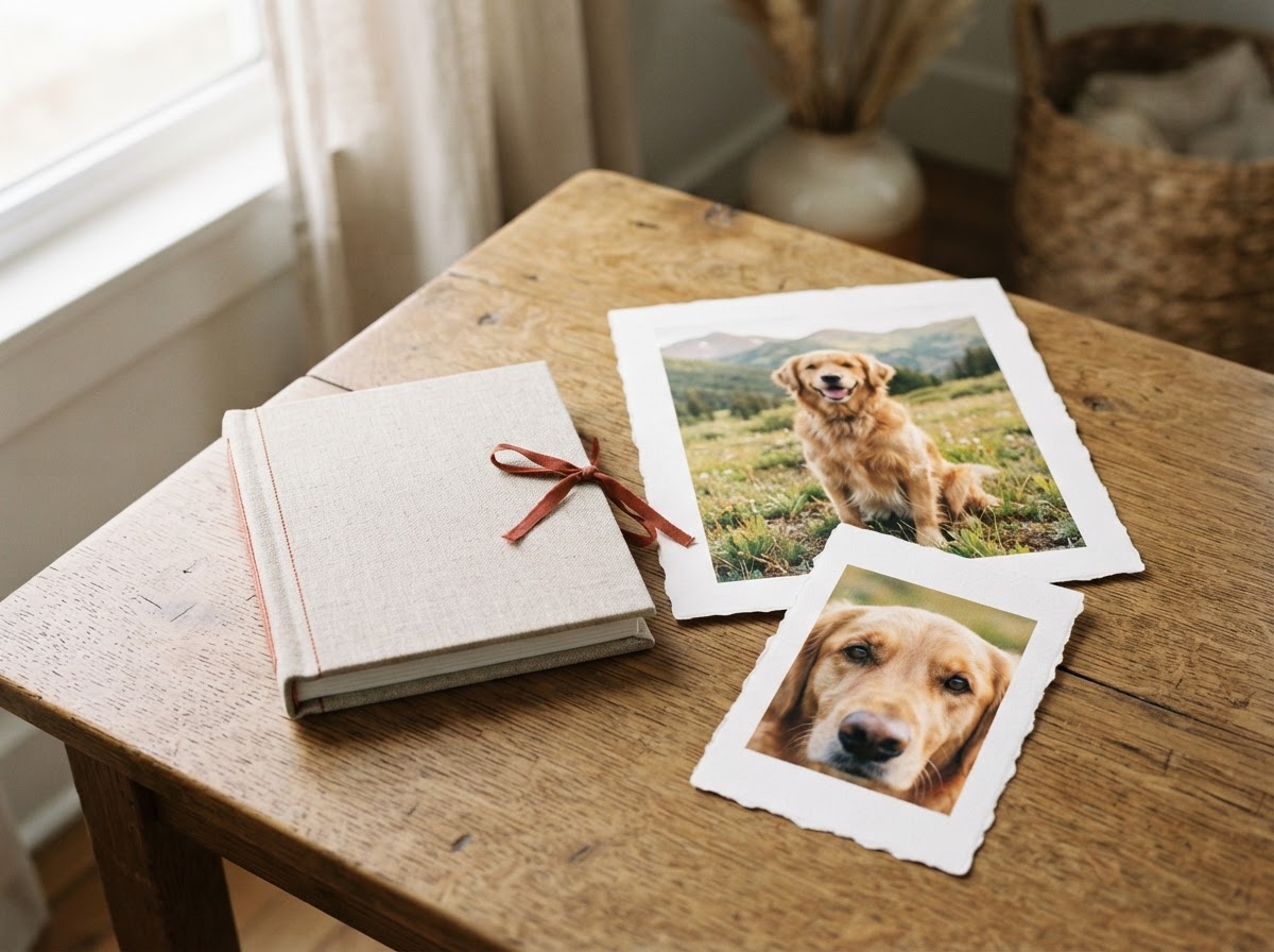 Archival dog portraits and a linen-bound album in afternoon light