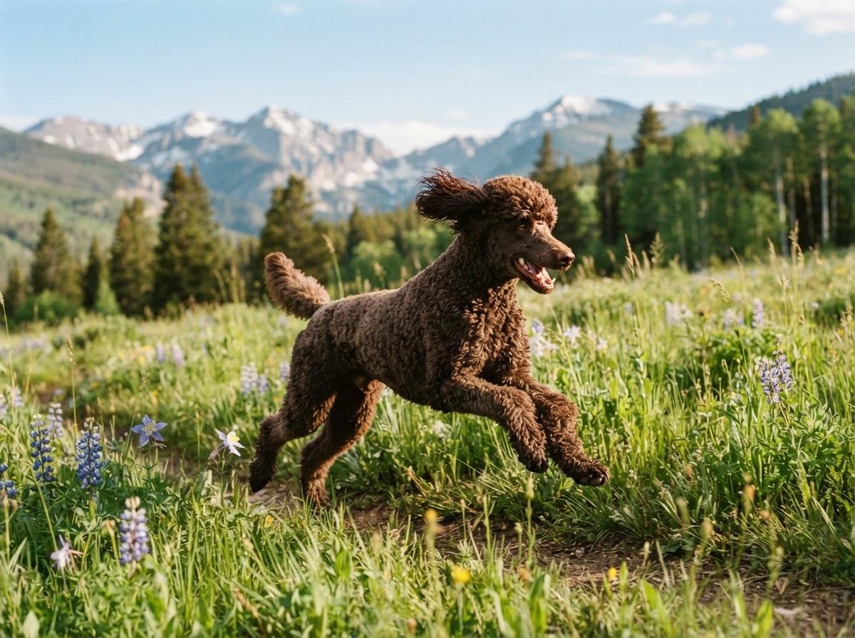 Chocolate standard poodle running through a Colorado meadow