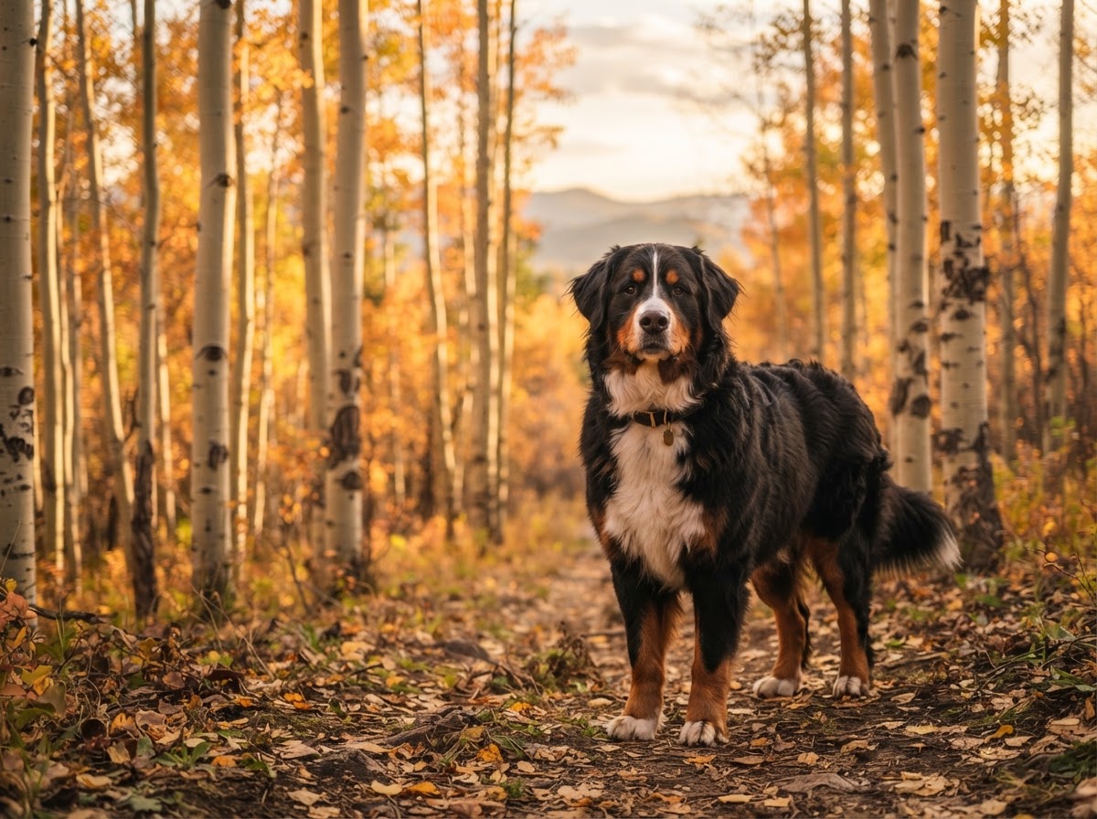 Bernese mountain dog among golden aspen leaves